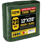 Core Tarps 20 ft L x 0.5 mm H x 12 ft W Heavy Duty 20 Mil Tarp, Green/Black, Polyethylene CT-703-12X20